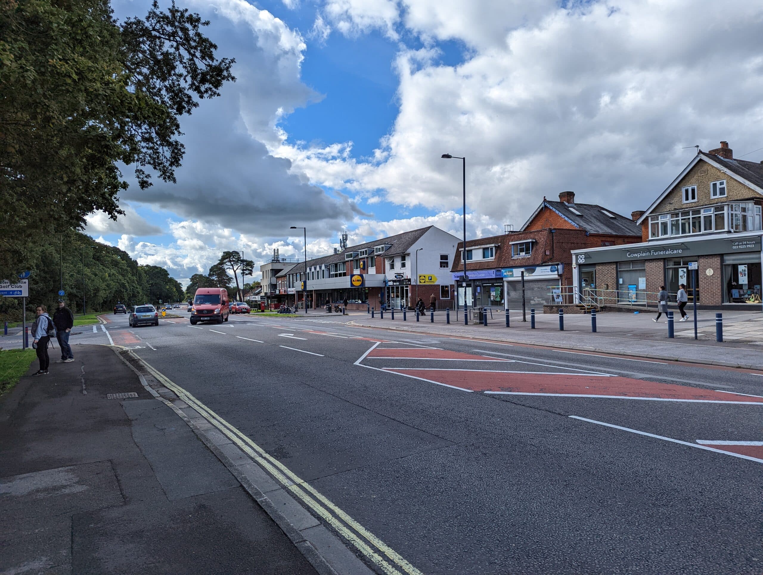 Looking along London Road at Cowplain shopping precinct